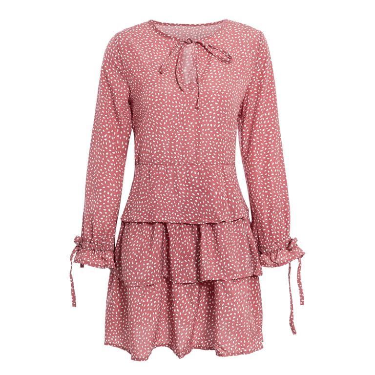 Conmoto Elegant Women Long Sleeve Dot Short Dress featuring ruffles, flare sleeves, and a playful dot pattern, perfect for autumn wear.