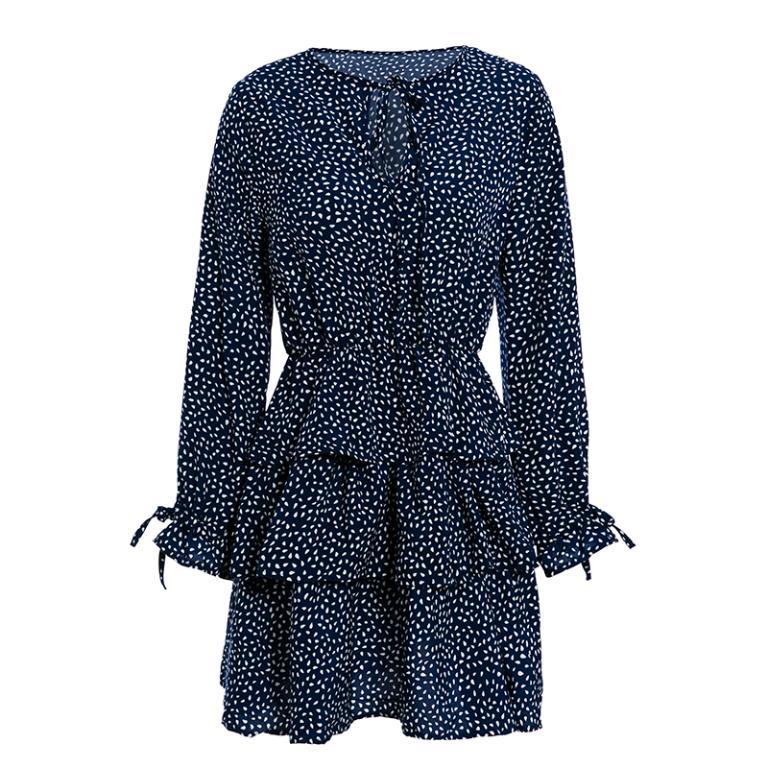 Conmoto Elegant Women Long Sleeve Dot Short Dress featuring ruffles, flare sleeves, and a playful dot pattern, perfect for autumn wear.