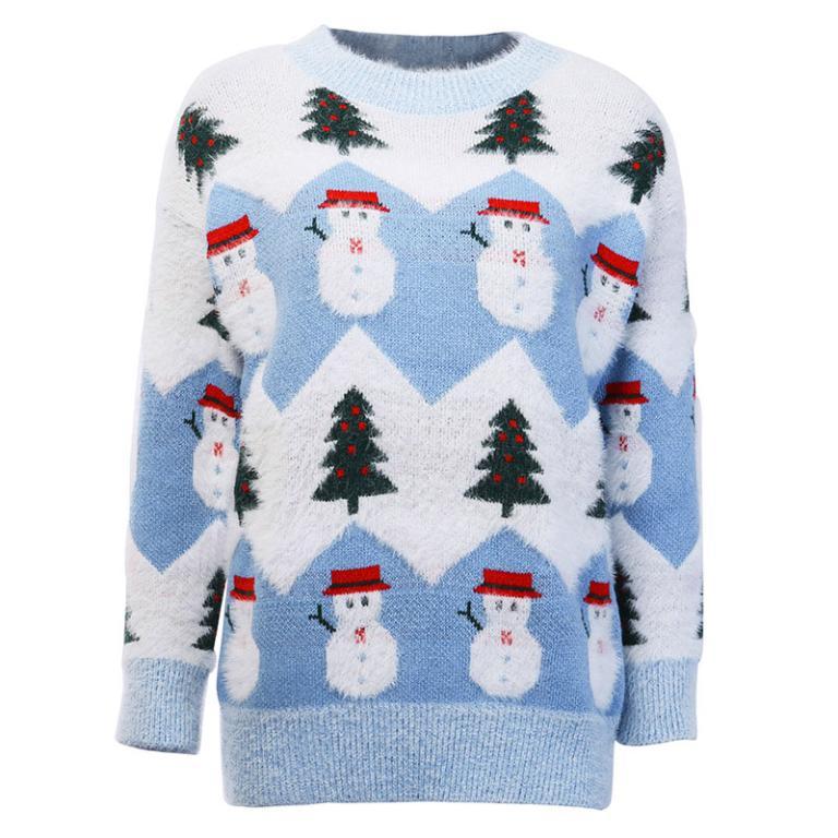 A stylish women's winter sweater featuring a cute snowman design, made from soft mink cashmere with full-length sleeves and an O-neck collar.