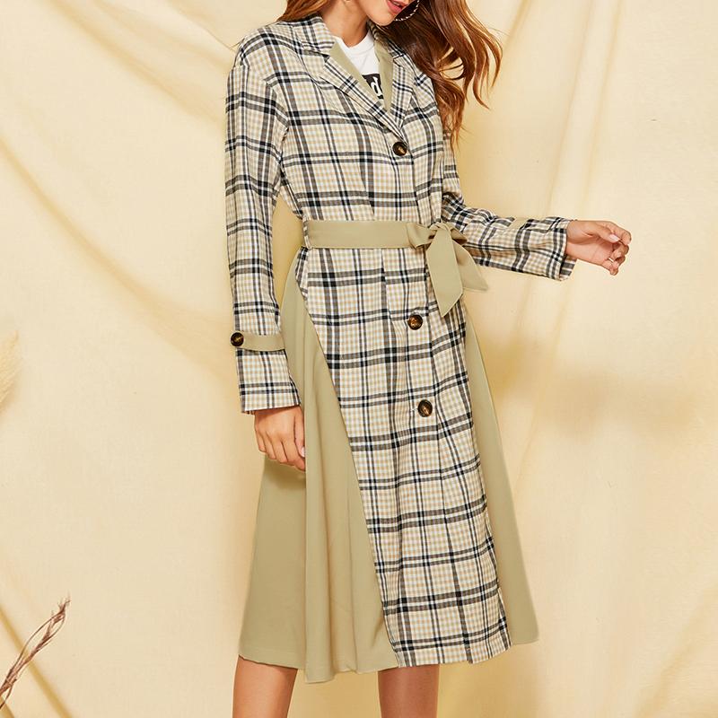 Conmoto Fall 2019 Women Fashion Plaid Patchwork Long Trench showcasing a stylish design with double-breasted closure and turn-down collar.