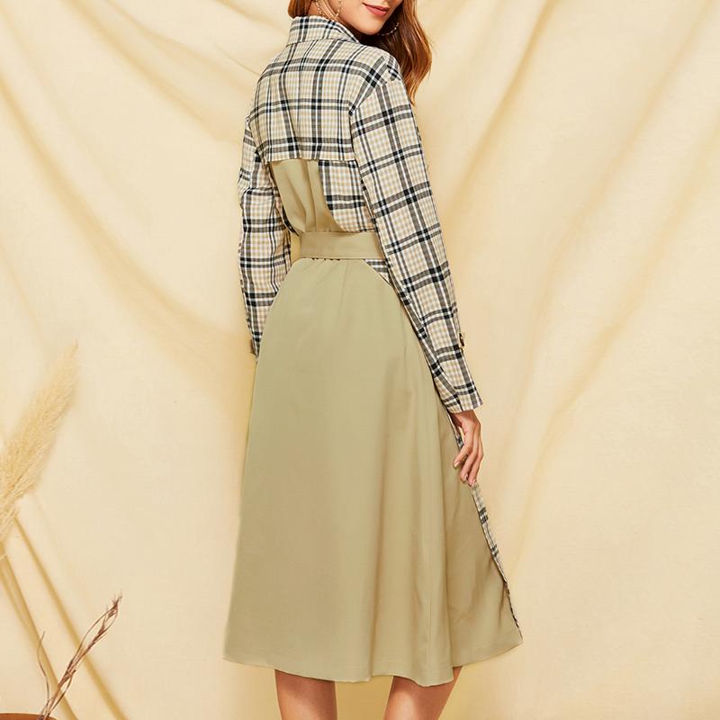 Conmoto Fall 2019 Women Fashion Plaid Patchwork Long Trench showcasing a stylish design with double-breasted closure and turn-down collar.