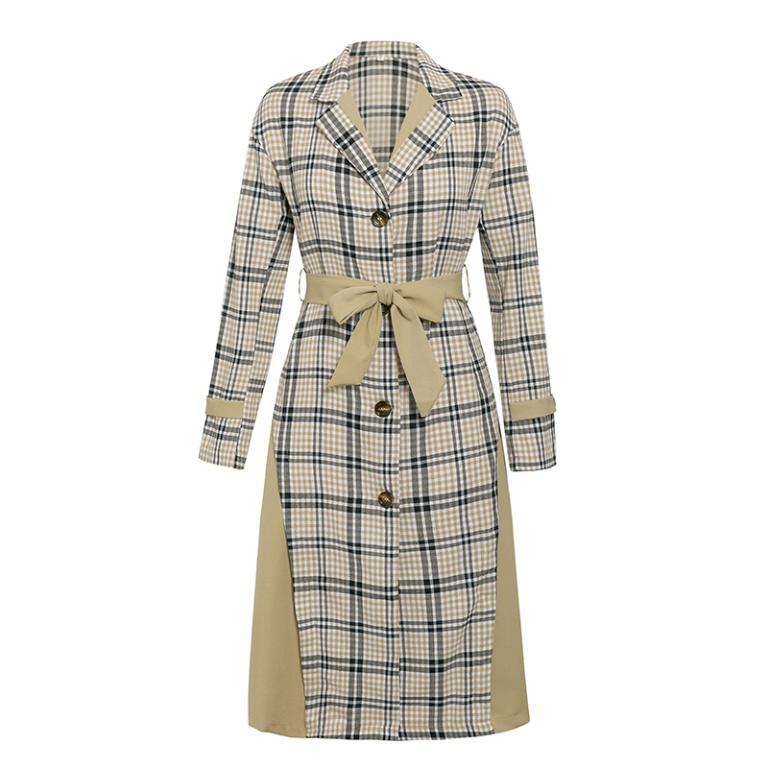 Conmoto Fall 2019 Women Fashion Plaid Patchwork Long Trench showcasing a stylish design with double-breasted closure and turn-down collar.