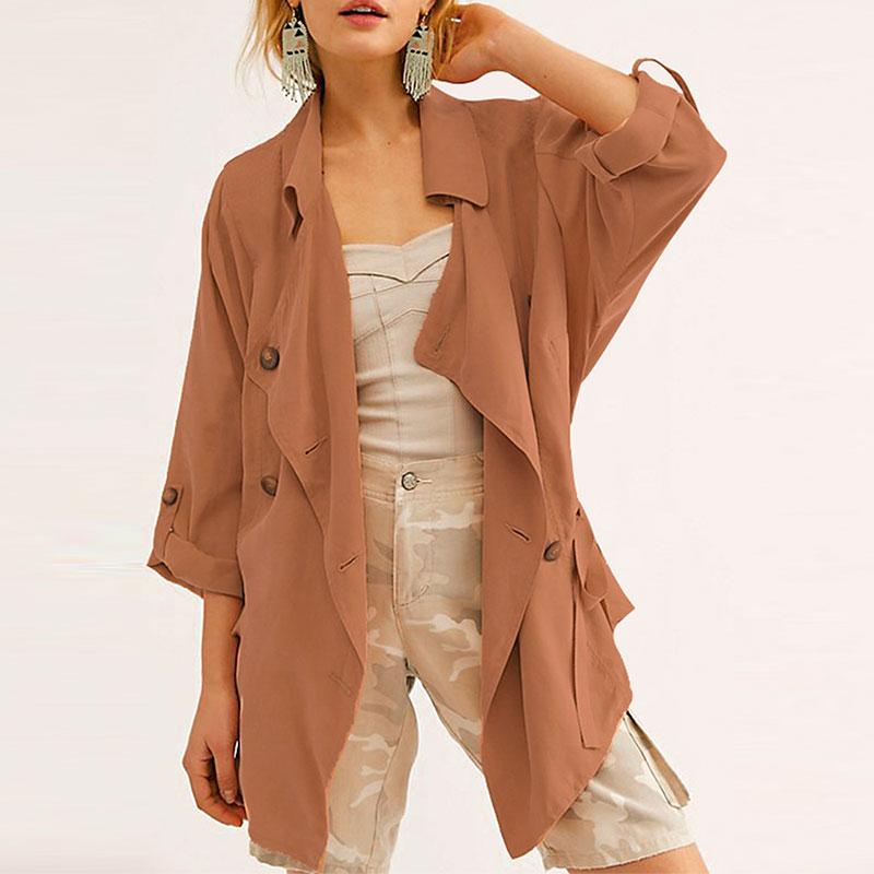 Conmoto Fall 2019 Women Trench Coat in solid color with drawstring design and turn-down collar, featuring double-breasted closure and pockets.