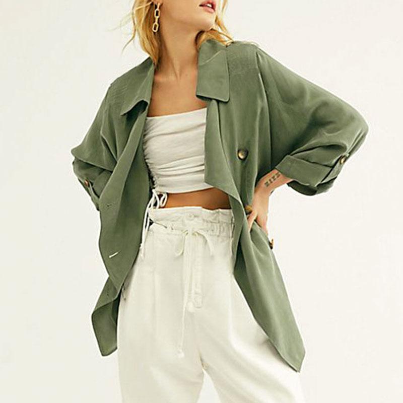 Conmoto Fall 2019 Women Trench Coat in solid color with drawstring design and turn-down collar, featuring double-breasted closure and pockets.