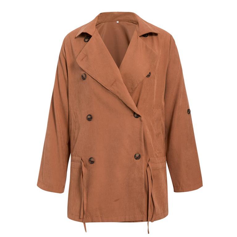 Conmoto Fall 2019 Women Trench Coat in solid color with drawstring design and turn-down collar, featuring double-breasted closure and pockets.