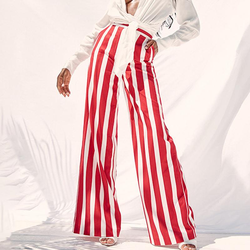 Conmoto Fashion Red White Stripe Trousers for women, featuring a high waist and wide leg design, perfect for autumn and winter wear.