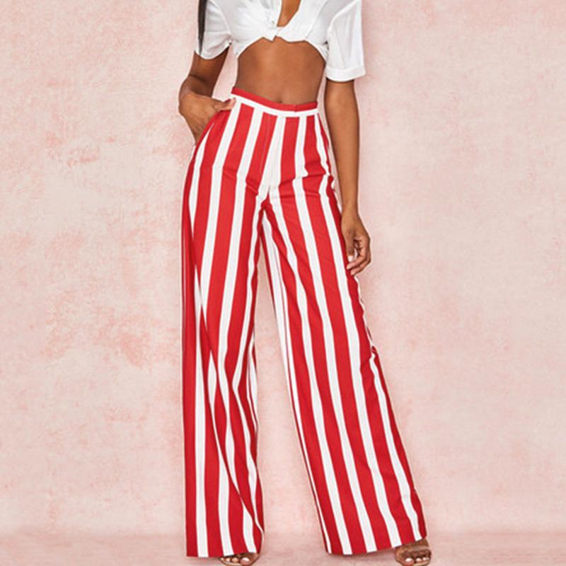 Conmoto Fashion Red White Stripe Trousers for women, featuring a high waist and wide leg design, perfect for autumn and winter wear.