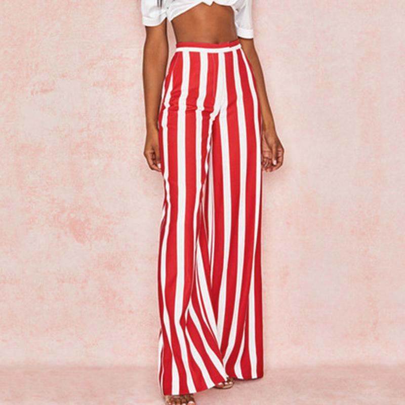 Conmoto Fashion Red White Stripe Trousers for women, featuring a high waist and wide leg design, perfect for autumn and winter wear.