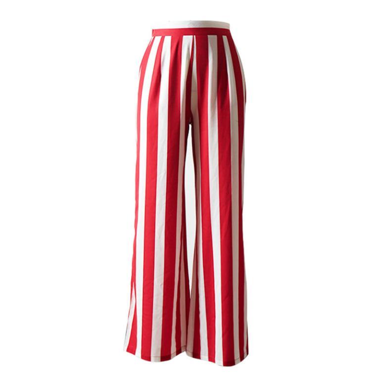 Conmoto Fashion Red White Stripe Trousers for women, featuring a high waist and wide leg design, perfect for autumn and winter wear.