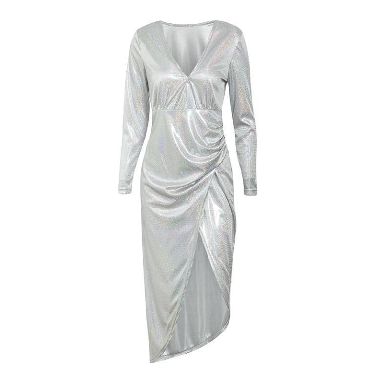 Conmoto Fashion Sexy V Neck Sequin Club Dress featuring a V-neckline, full sleeves, and sequined decoration, perfect for autumn and winter outings.