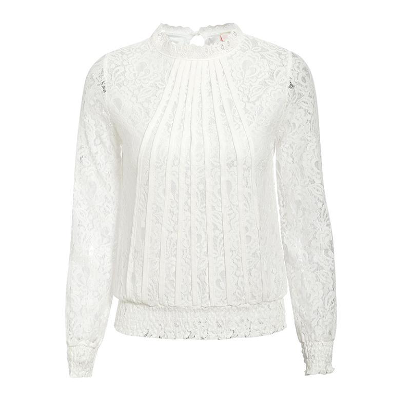 Conmoto Fashion White Lace Women's Top featuring floral pattern and lantern sleeves, perfect for autumn wear.