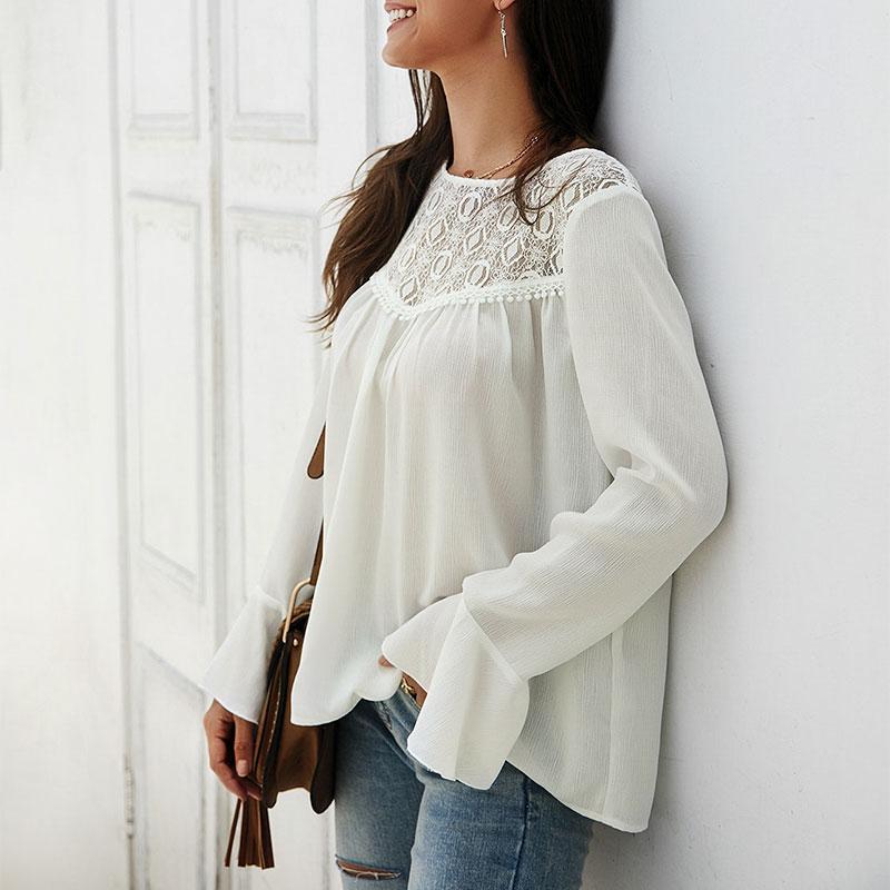 Conmoto Fashion Women White Shirt featuring patchwork design, flare sleeves, and lace decoration, perfect for autumn and winter wear.