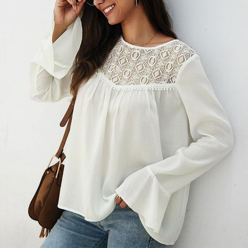 Conmoto Fashion Women White Shirt featuring patchwork design, flare sleeves, and lace decoration, perfect for autumn and winter wear.