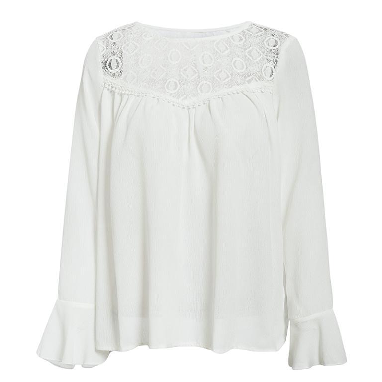 Conmoto Fashion Women White Shirt featuring patchwork design, flare sleeves, and lace decoration, perfect for autumn and winter wear.