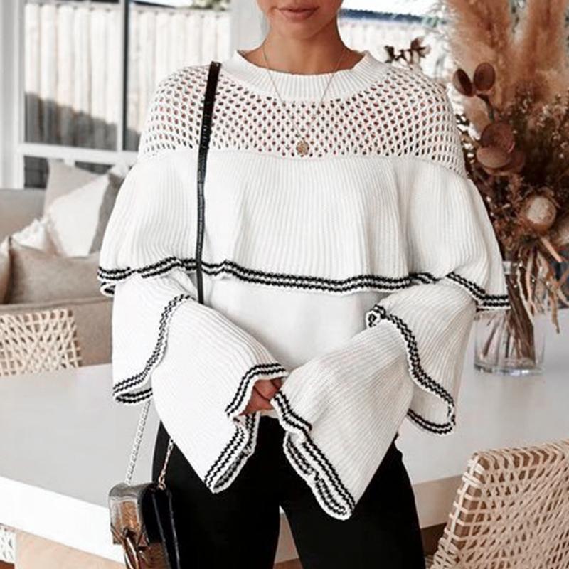 Conmoto Hollow Out 2019 Female Sweater featuring a stylish flounce design, oversized fit, and casual striped pattern, perfect for winter wear.