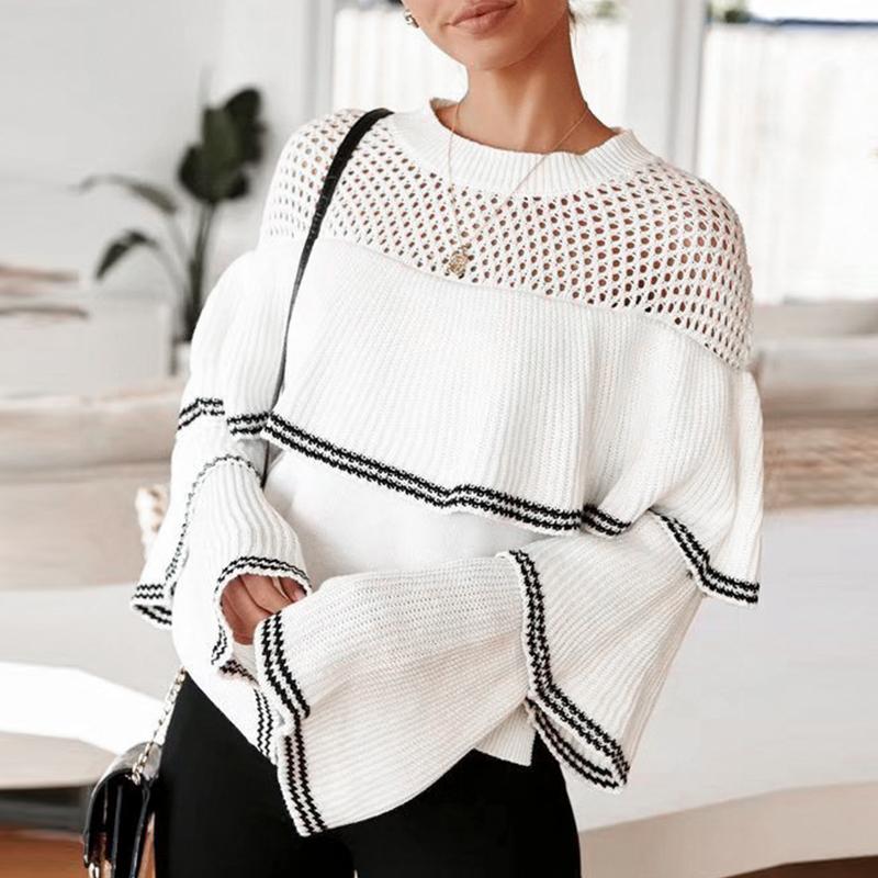 Conmoto Hollow Out 2019 Female Sweater featuring a stylish flounce design, oversized fit, and casual striped pattern, perfect for winter wear.