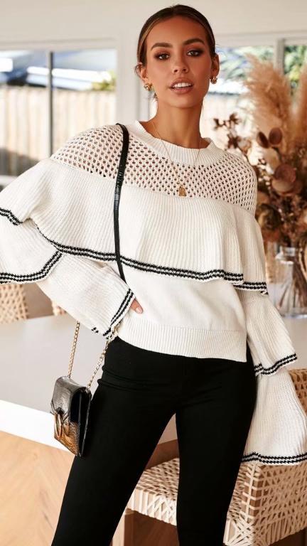 Conmoto Hollow Out 2019 Female Sweater featuring a stylish flounce design, oversized fit, and casual striped pattern, perfect for winter wear.