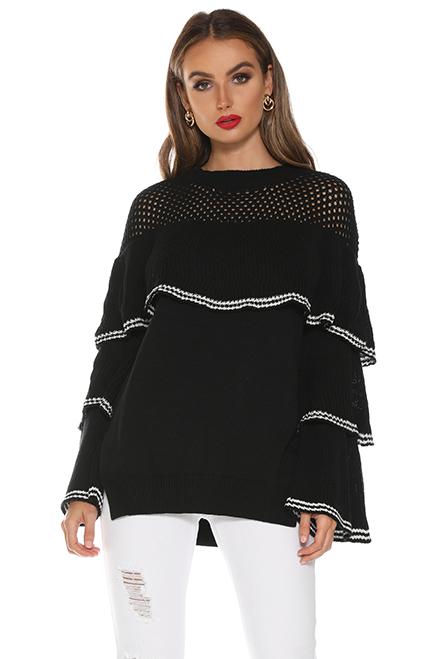 Conmoto Hollow Out 2019 Female Sweater featuring a stylish flounce design, oversized fit, and casual striped pattern, perfect for winter wear.