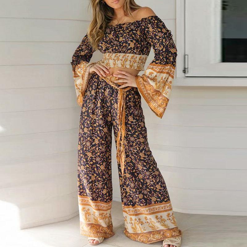 Conmoto long sleeve bohemian jumpsuit set for women featuring a wide leg design in a stylish print pattern, perfect for autumn wear.