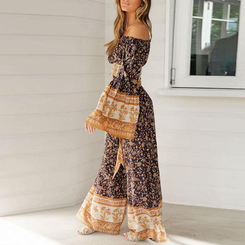 Conmoto long sleeve bohemian jumpsuit set for women featuring a wide leg design in a stylish print pattern, perfect for autumn wear.