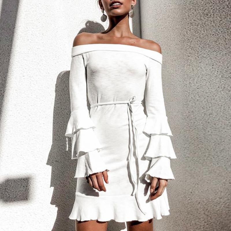 Conmoto Off Shoulder Ruffles Flounce Dress in white, featuring cascading ruffles and butterfly sleeves, perfect for autumn wear.