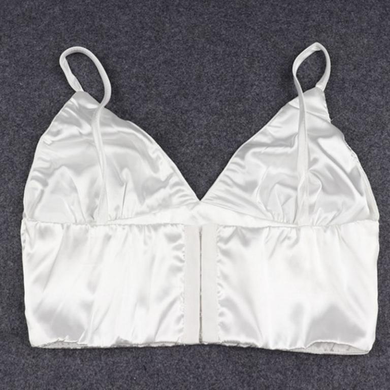 Conmoto Sexy V Neck Spaghetti Strap Crop Top in satin white, showcasing elegant design and stylish spaghetti straps.