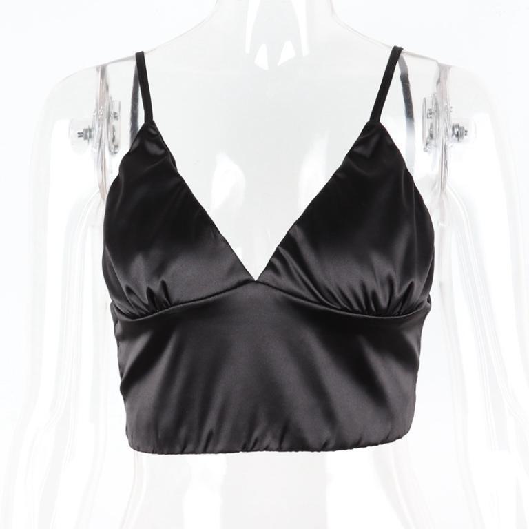 Conmoto Sexy V Neck Spaghetti Strap Crop Top in satin white, showcasing elegant design and stylish spaghetti straps.