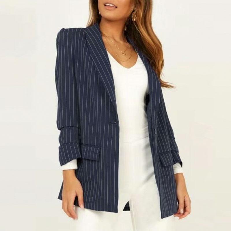 Conmoto Stripe Blue High Fashion Blazer Coat for women, featuring a stylish striped pattern and elegant design suitable for office wear.