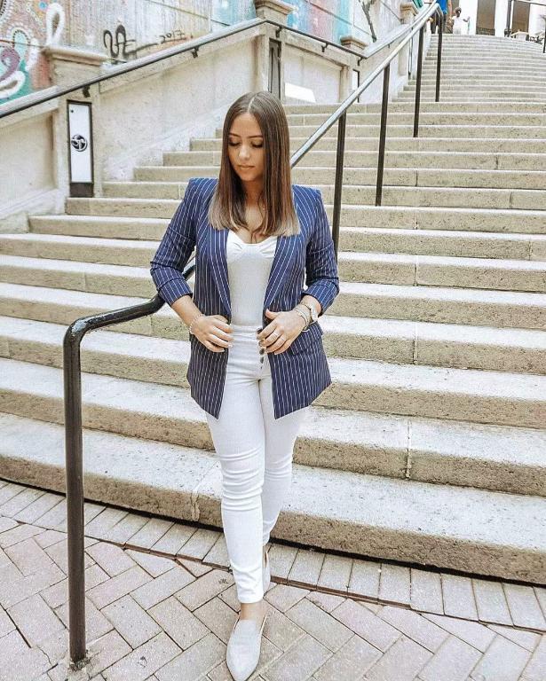 Conmoto Stripe Blue High Fashion Blazer Coat for women, featuring a stylish striped pattern and elegant design suitable for office wear.