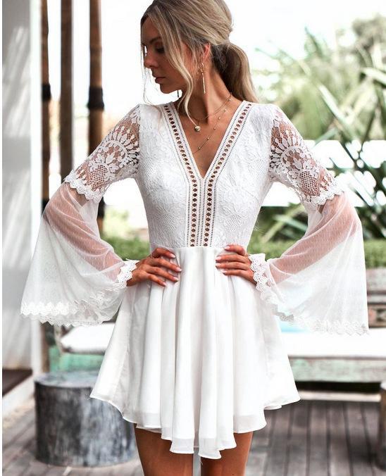 Conmoto white lace mesh party dress featuring flare sleeves and a V-neckline, perfect for autumn and winter occasions.