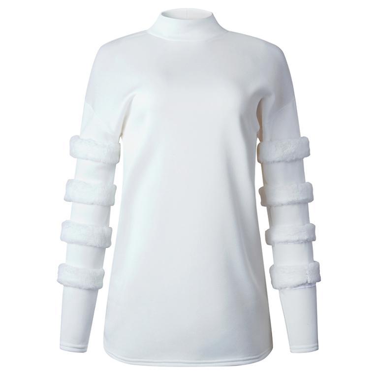 Conmoto White Sweatshirt Dress featuring a turtleneck and full sleeves, perfect for winter casual wear.