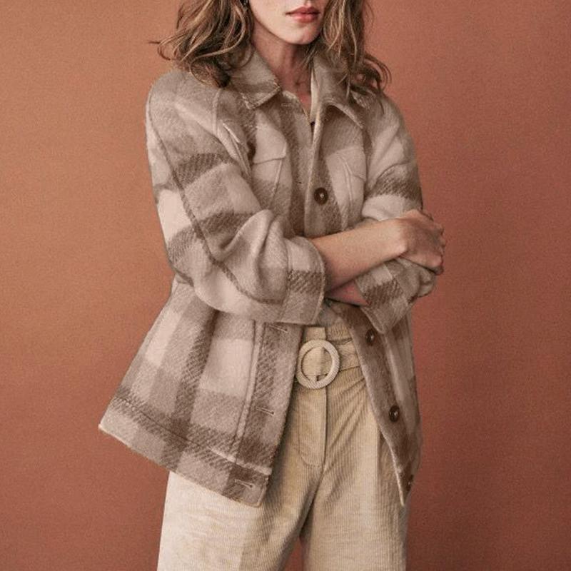 Conmoto Winter Faux Blends Plaid Jacket for women, featuring a stylish plaid pattern, turn-down collar, and pockets.