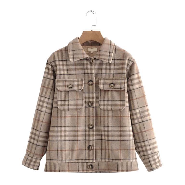 Conmoto Winter Faux Blends Plaid Jacket for women, featuring a stylish plaid pattern, turn-down collar, and pockets.