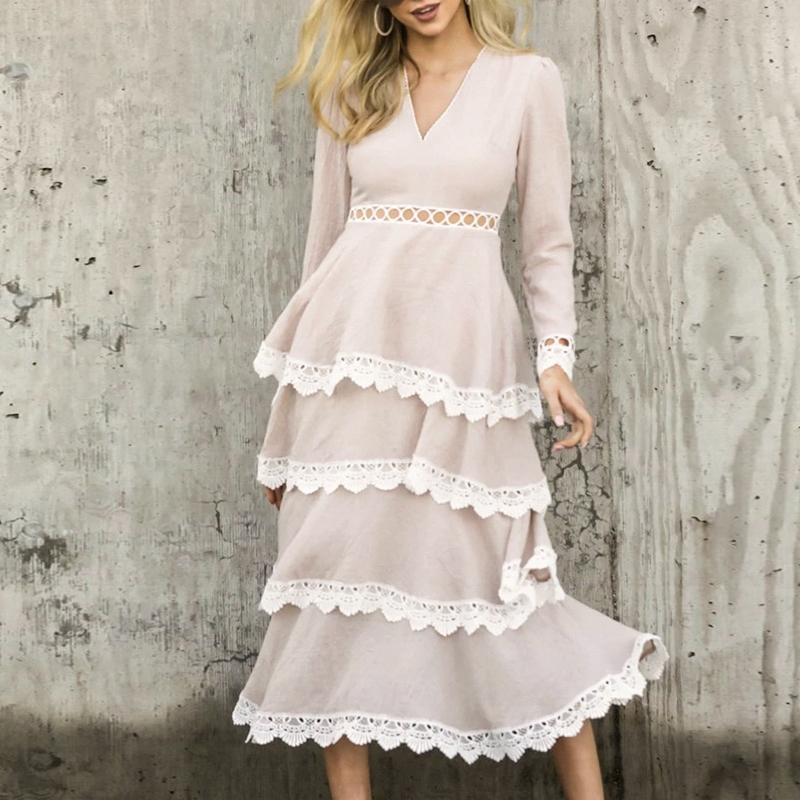 Conmoto winter party elegant long dress featuring hollow out lace design, ankle-length, full sleeves, and V-neckline, perfect for autumn events.