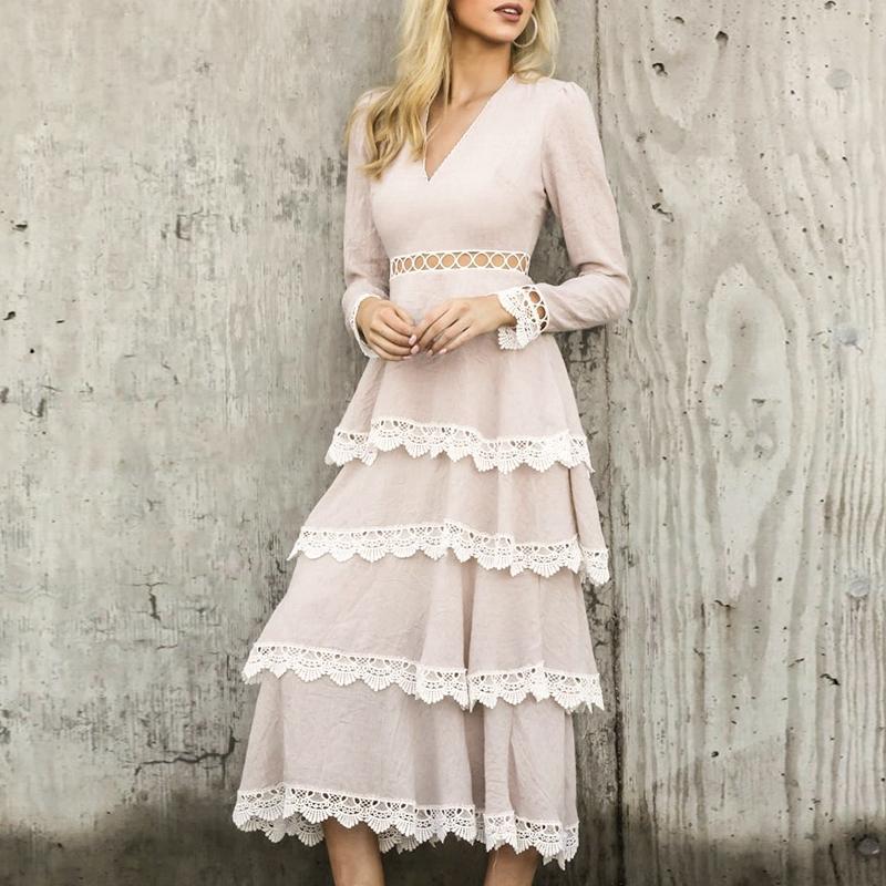 Conmoto winter party elegant long dress featuring hollow out lace design, ankle-length, full sleeves, and V-neckline, perfect for autumn events.