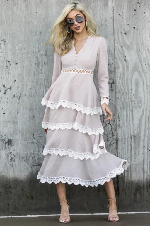 Conmoto winter party elegant long dress featuring hollow out lace design, ankle-length, full sleeves, and V-neckline, perfect for autumn events.