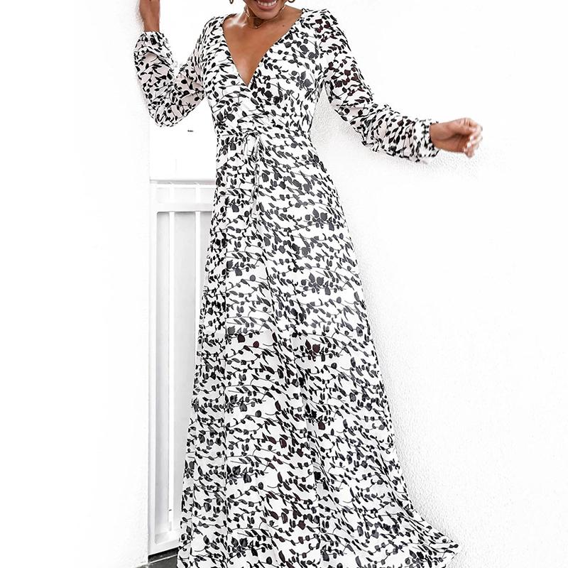 Conmoto Women Autumn Fashion V Neck Long Dress featuring a white flower print and elegant lantern sleeves.