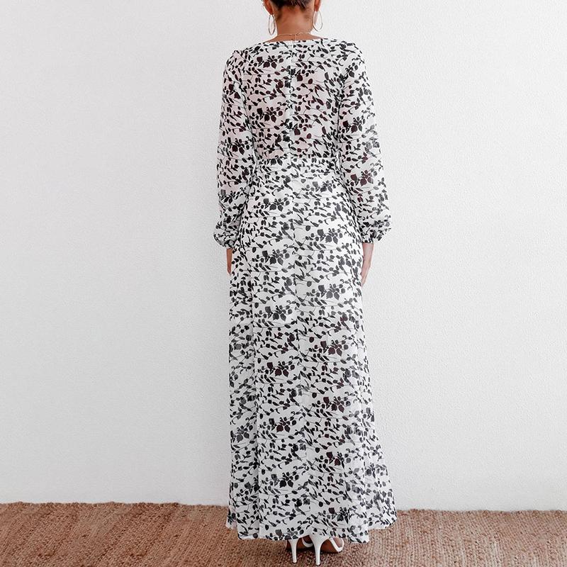 Conmoto Women Autumn Fashion V Neck Long Dress featuring a white flower print and elegant lantern sleeves.