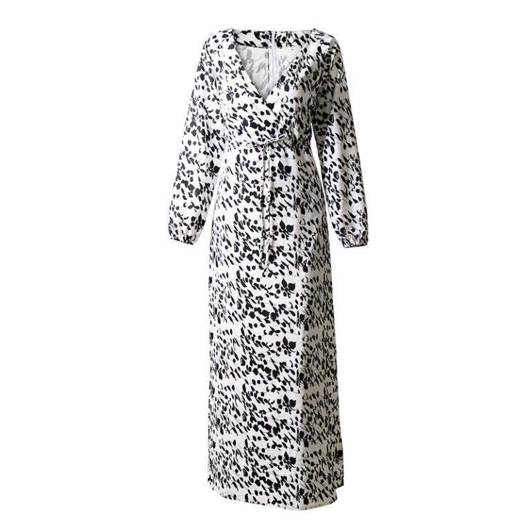 Conmoto Women Autumn Fashion V Neck Long Dress featuring a white flower print and elegant lantern sleeves.