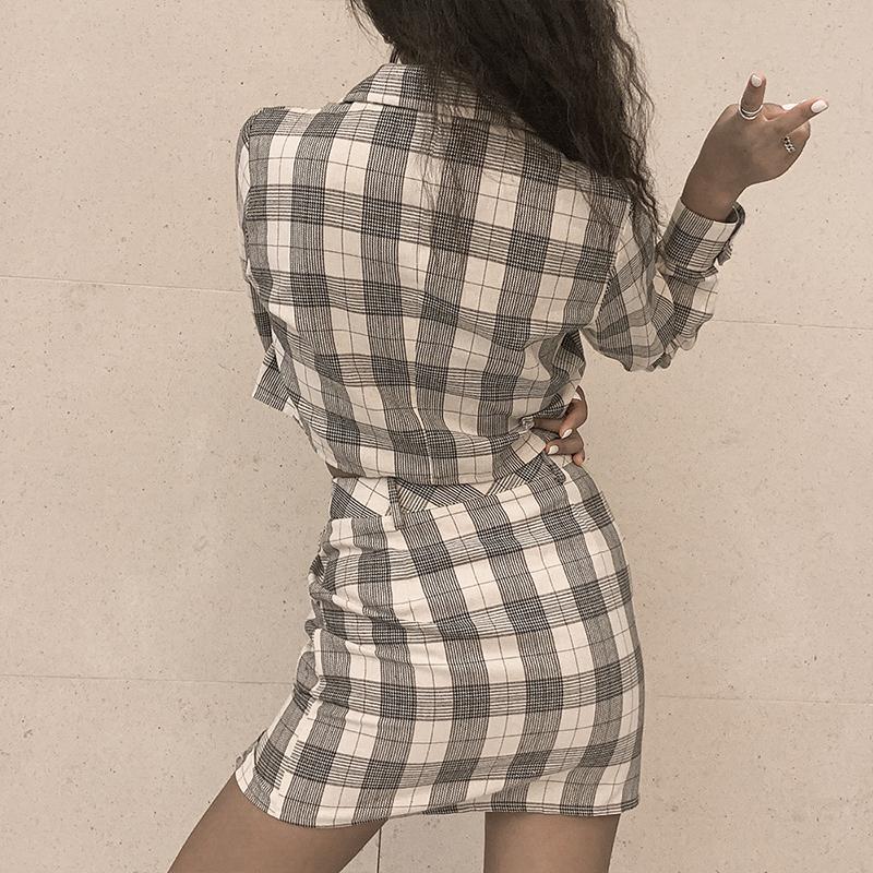 Conmoto Women Autumn Winter 2pcs Short Dress in plaid design with long sleeves, perfect for office and casual wear.