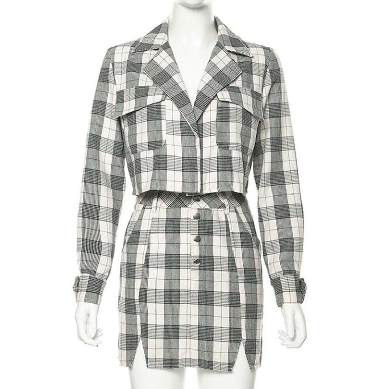 Conmoto Women Autumn Winter 2pcs Short Dress in plaid design with long sleeves, perfect for office and casual wear.