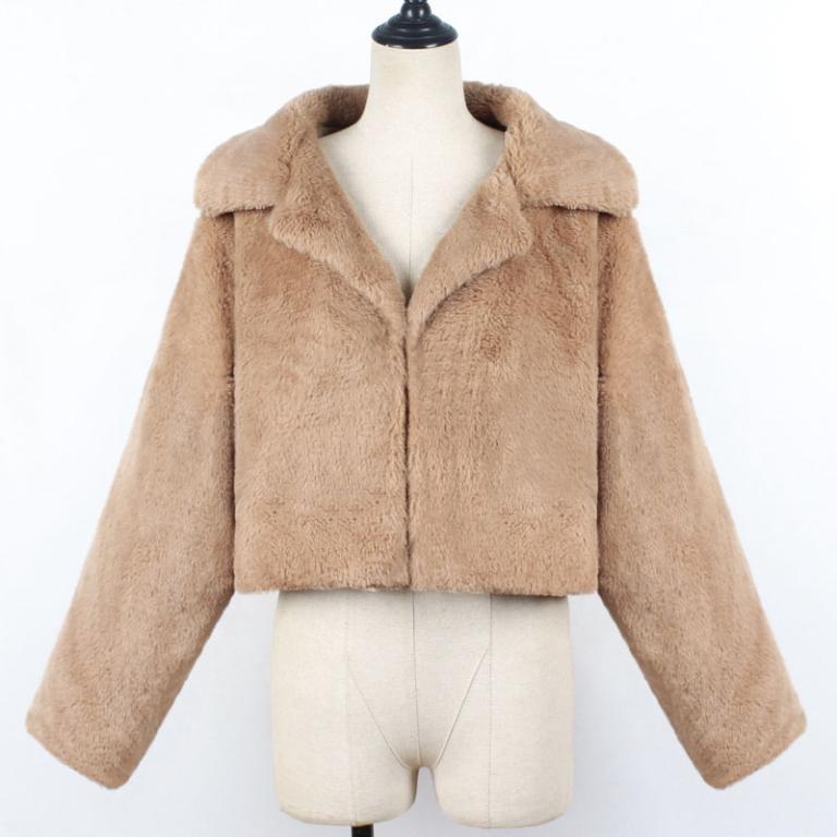 Conmoto Women Fashion Solid Color Faux Fur Coat featuring a turn-down collar and butterfly sleeves in a stylish design.