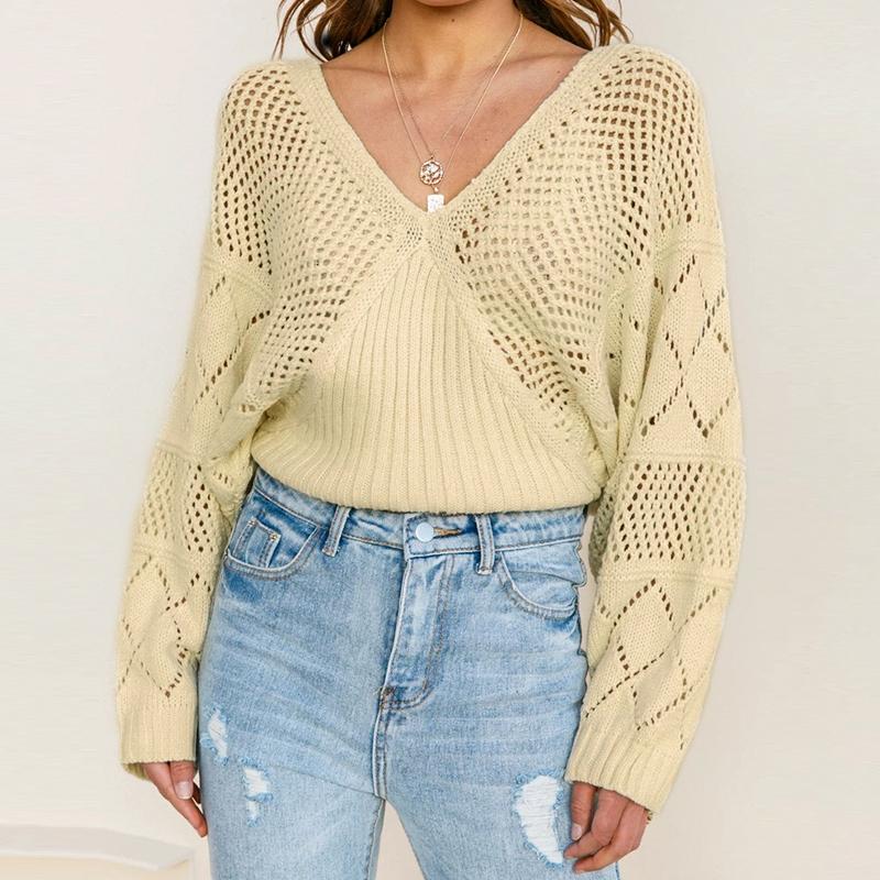 Conmoto Women Fashion V Neck Hollow Out Pullover in a stylish design, showcasing batwing sleeves and a chic V-neck collar.