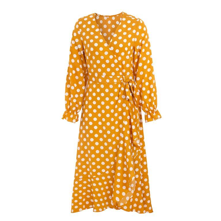 Conmoto Women V Neck Wrap Long Party Dress featuring ruffles and polka dots, perfect for autumn events.