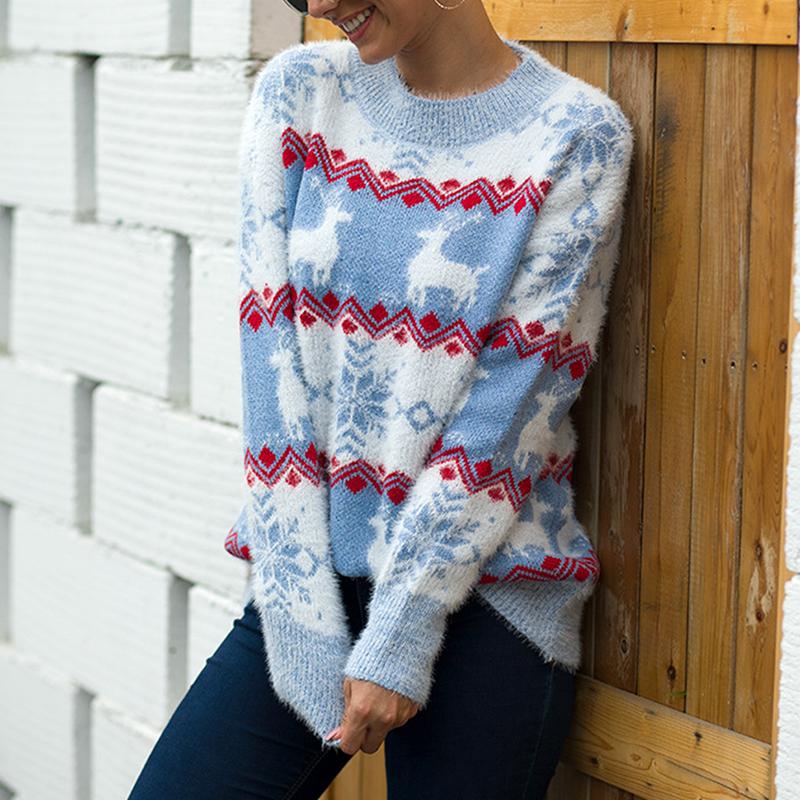 Conmoto Women Winter Christmas Deer Jumper featuring a cartoon deer pattern, made from soft mink cashmere, ideal for winter wear.