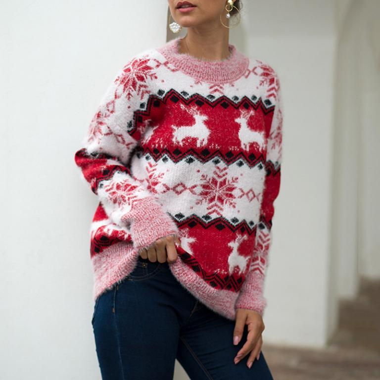 Conmoto Women Winter Christmas Deer Jumper featuring a cartoon deer pattern, made from soft mink cashmere, ideal for winter wear.