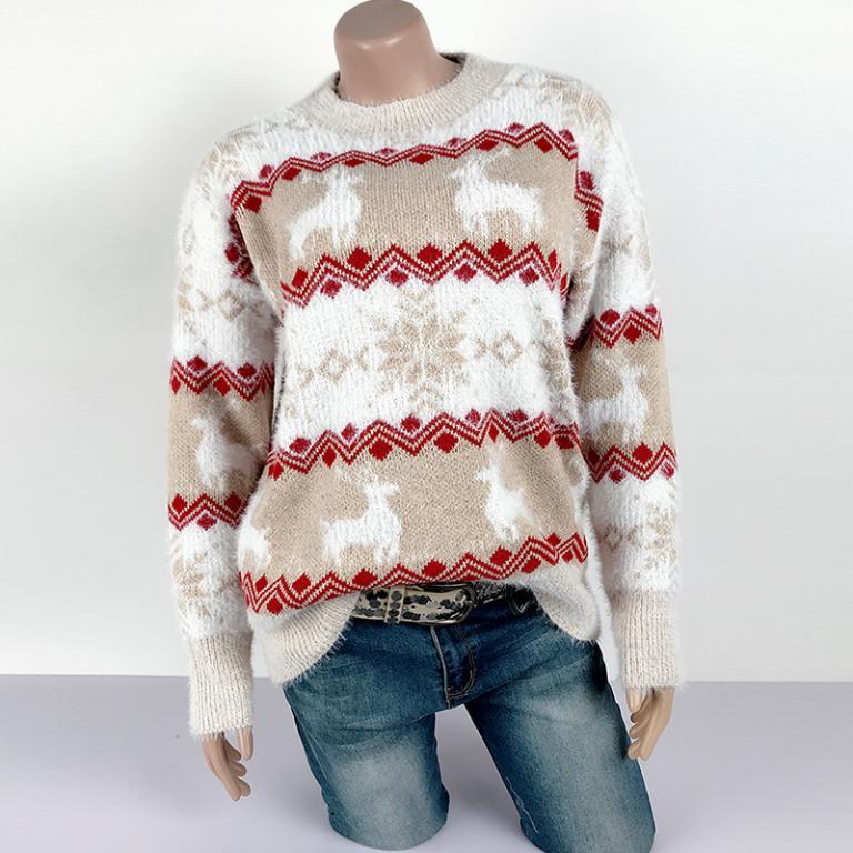 Conmoto Women Winter Christmas Deer Jumper featuring a cartoon deer pattern, made from soft mink cashmere, ideal for winter wear.