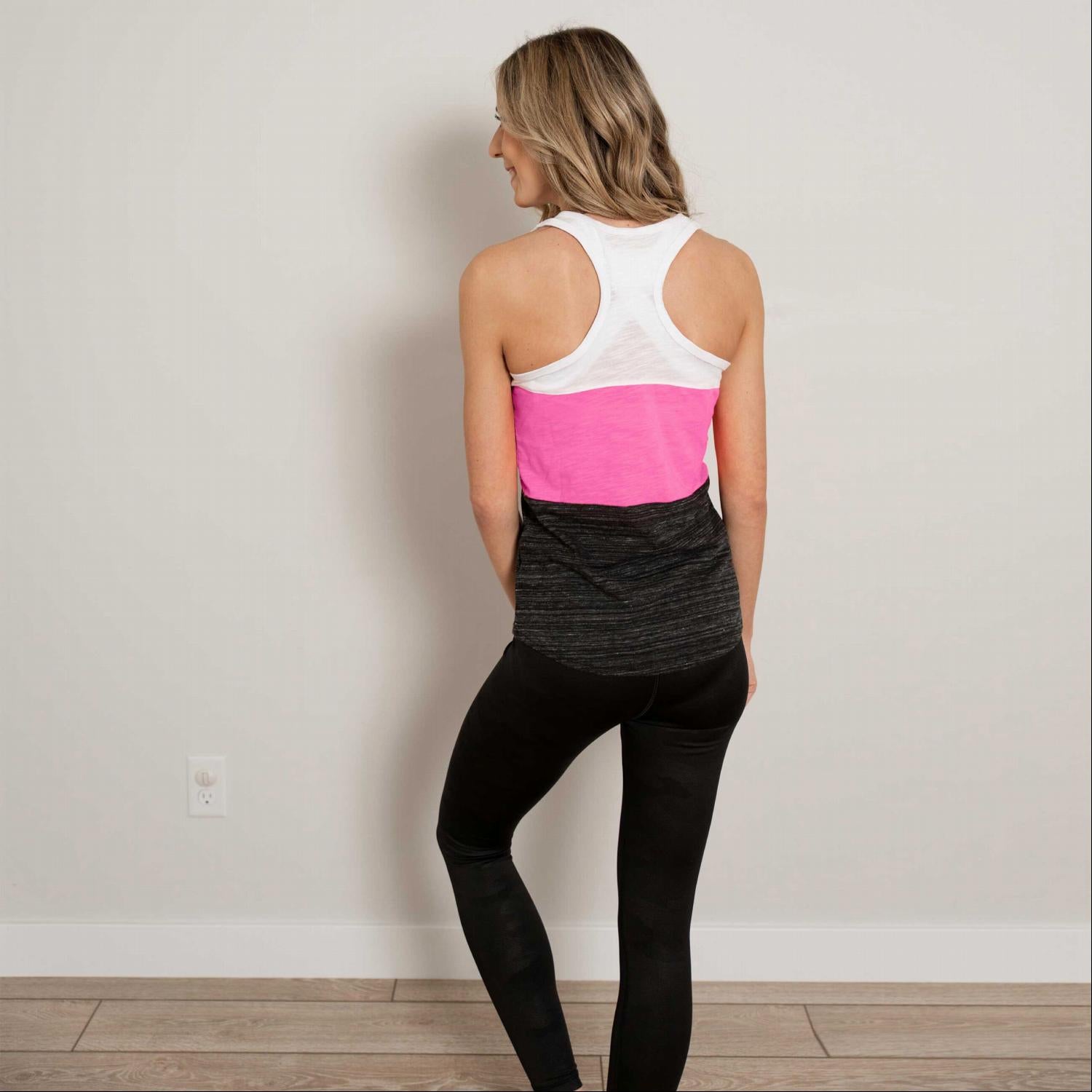 Contrast Color Block Soft Workout Tank featuring a stylish design with thick color bands, racer back style, and a flattering tunic length.