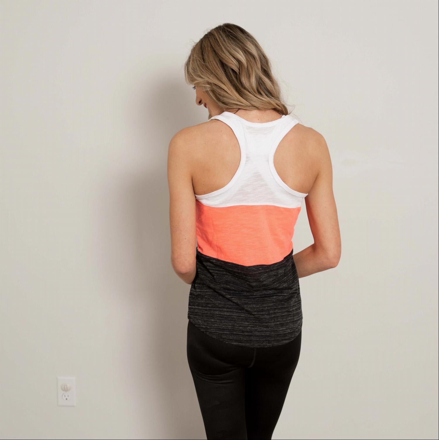 Contrast Color Block Soft Workout Tank featuring a stylish design with thick color bands, racer back style, and a flattering tunic length.