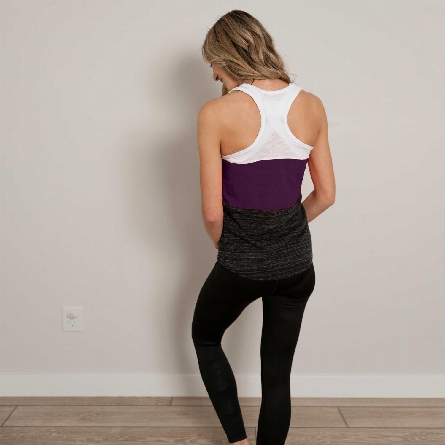 Contrast Color Block Soft Workout Tank featuring a stylish design with thick color bands, racer back style, and a flattering tunic length.